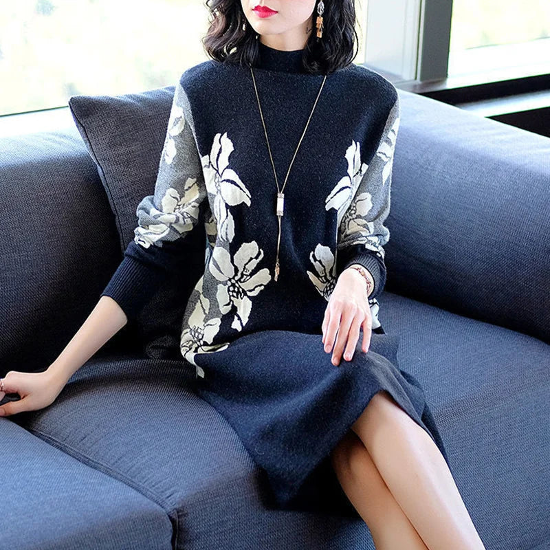 Autumn Winter Half High Collar Vintage Printing Robe Female Loose Casual All-match Dress Women Elegant Fashion Knitting Vestido