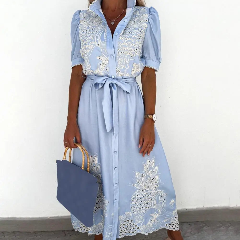 Lace-up Women Shirt Dress 2024 Summer Elegant Single Breasted Puff Sleeve Maxi Dress Vestidos Bohemian Sundress Party Robe