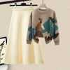 Winter New Cartoon Printed Knitted Sweater Pullover Slim Fit Knitted Skirt Two Piece Elegant Women's Party Dress