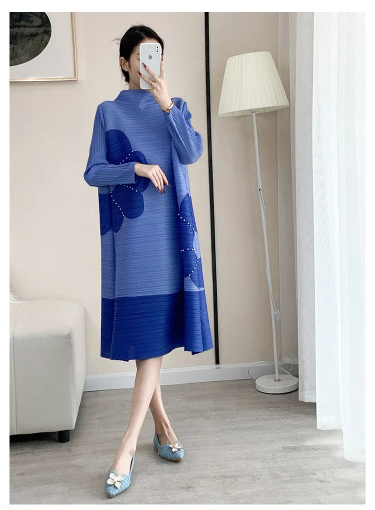 Pleats Original Pleated Color Blocking French Long-sleeved Dress Spring Autumn Women 2023 Temperament Women's Beaded Loose Skirt