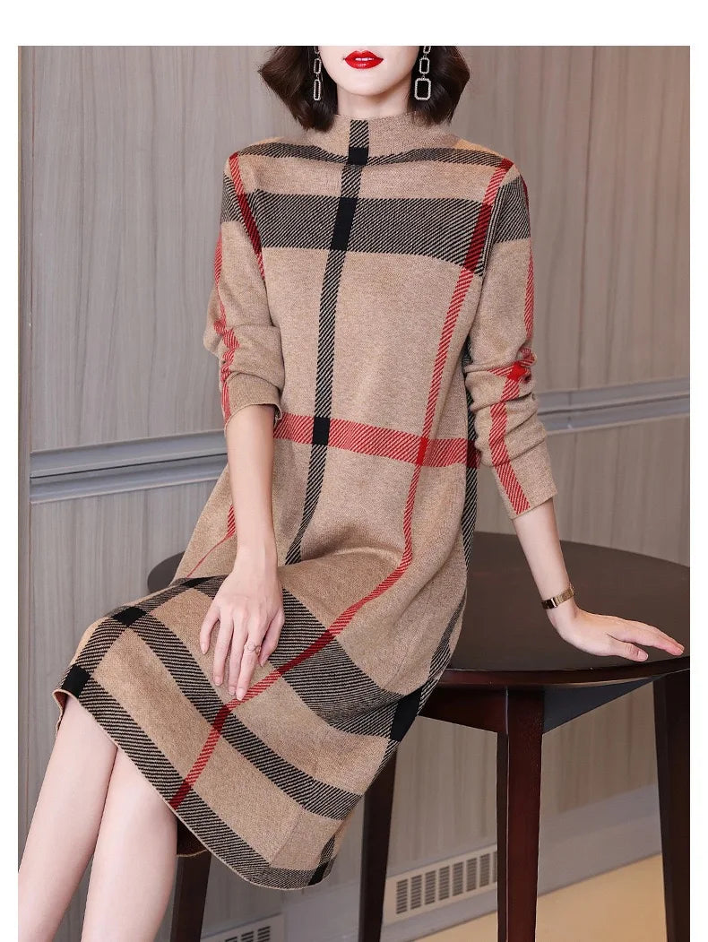 Winter Women's Wool Knitted Dress Striped Half High Collar Vintage Fashion Thick Sweater Style Female Clothing