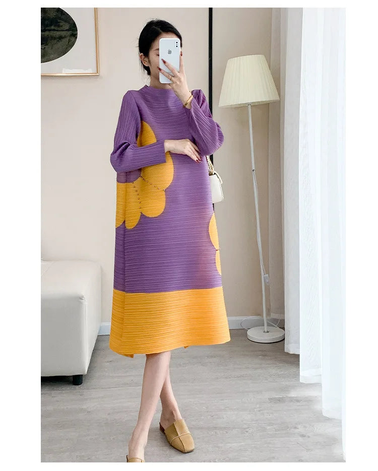 Pleats Original Pleated Color Blocking French Long-sleeved Dress Spring Autumn Women 2023 Temperament Women's Beaded Loose Skirt