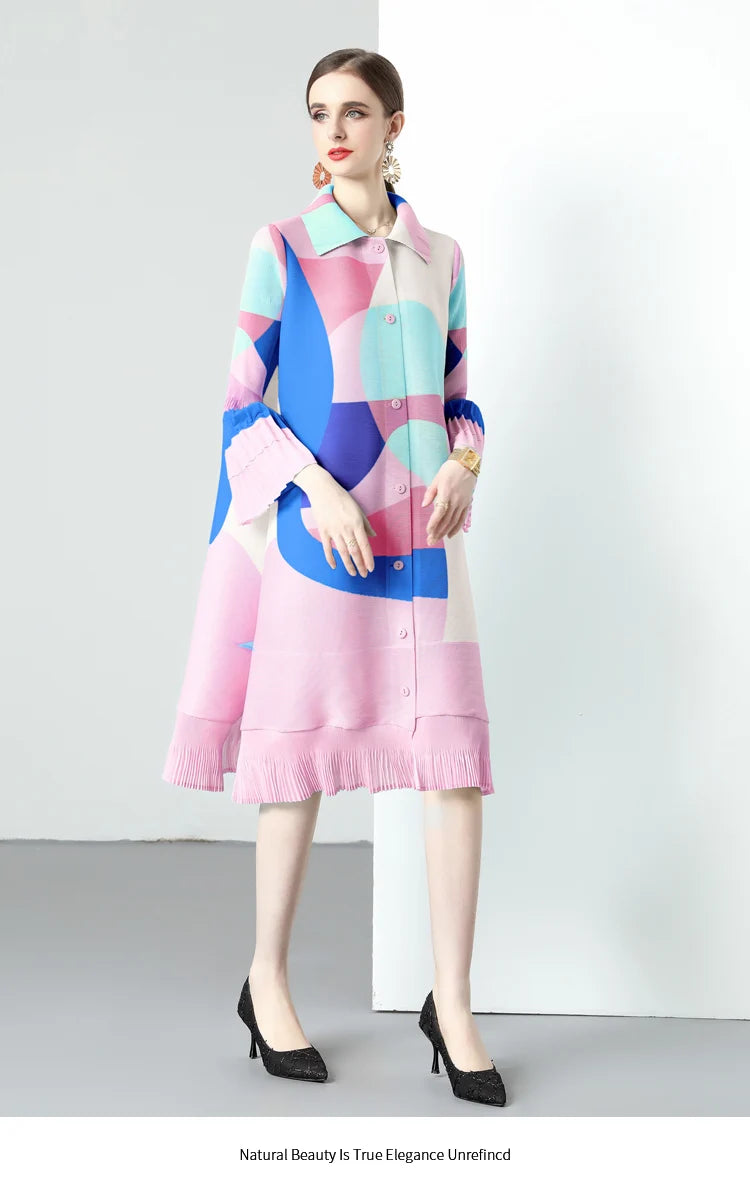 Miyake Pleated Laminated Flared Sleeve Ruffle Edge Geometric Printing Long Trench Coat Skirt Women's Long-sleeved Cardigan Dress