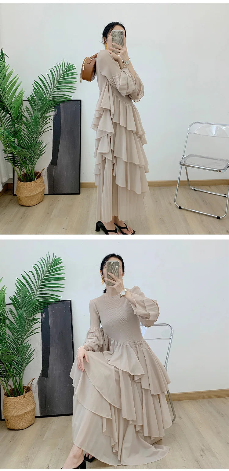 Miyake Spring 2024 Ruffles Pleated Dress Women Long Sleeves Fashion Solid Color High Waist Stitching Dresses Party Clothing New