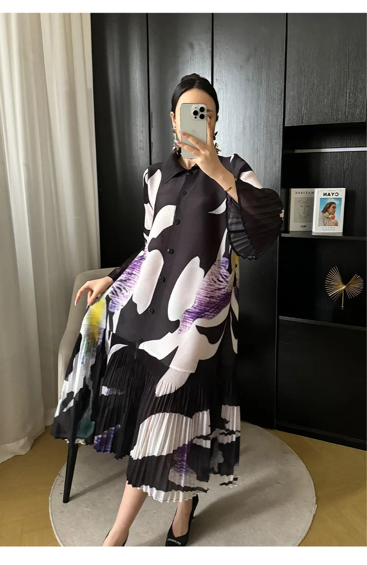 Miyake Pleated Breasted Cardigan 2024 Spring New Women's Printed Lapel and Flower Bud Sleeves Summer Women's Mid Length Dress