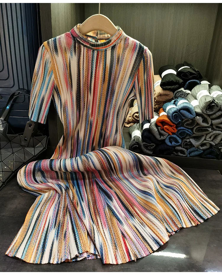 Miyake Colorful Striped Half-high Neck Short-sleeved Pleated Dress Loose Thin A-line Dress Women 2023 New Clothing