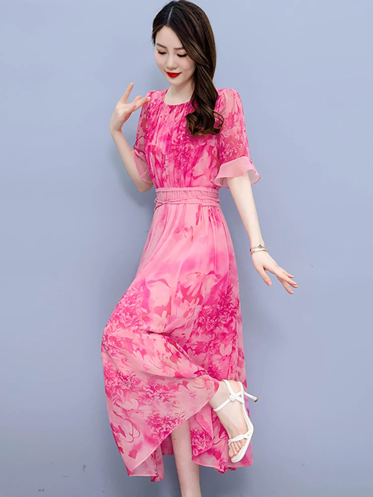 Pink Floral Chiffon Casual Boho Beach Dress Women Chic Butterfly Sleeve Prom Maxi Dress Summer Korean Elegant Party Vestido