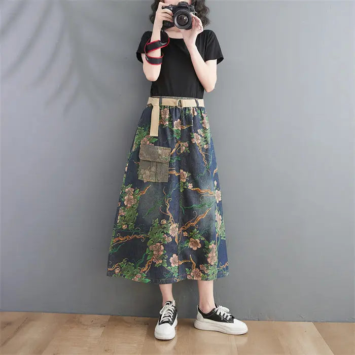 Large Pocket Print Washed Denim Skirt Spring Summer Women's High Waist Mid Length A-Line Jeans Saia Vintage Falda h686