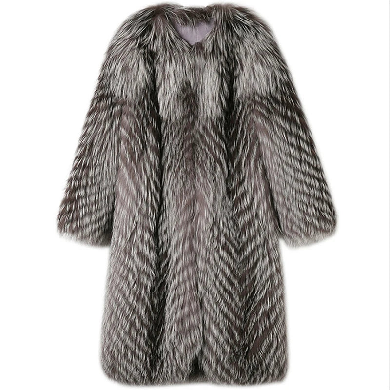 Silver Fox Fur Trench Coat Women's Thick Warm Winter Clothes Faux Fur Coat Long Fluffy Jacket Furry Outerwears Female Overcoat