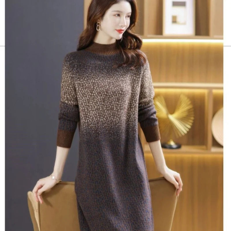 Elegant Stand Collar All-match Gradient Knitted Dress Women's Clothing