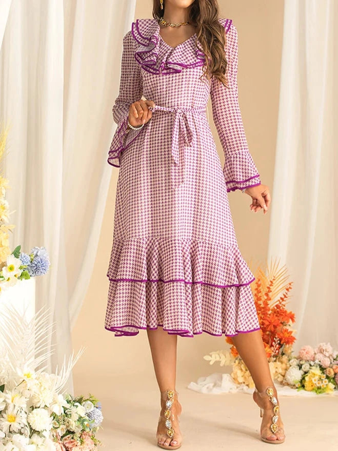 Women's Elegant Purple Plaid Dress Flare Sleeved Ruffles Lace Up Dress