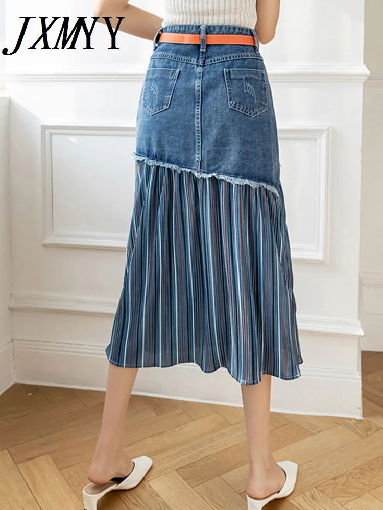 JXMYY 2024 Spring And Autumn Fashion New Large Size High Waist All-Match Women's Denim Skirt Stitching Midi Skirt