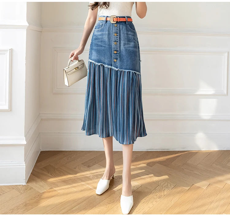 JXMYY 2024 Spring And Autumn Fashion New Large Size High Waist All-Match Women's Denim Skirt Stitching Midi Skirt