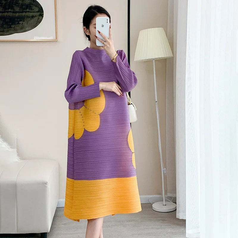 Pleats Original Pleated Color Blocking French Long-sleeved Dress Spring Autumn Women 2023 Temperament Women's Beaded Loose Skirt