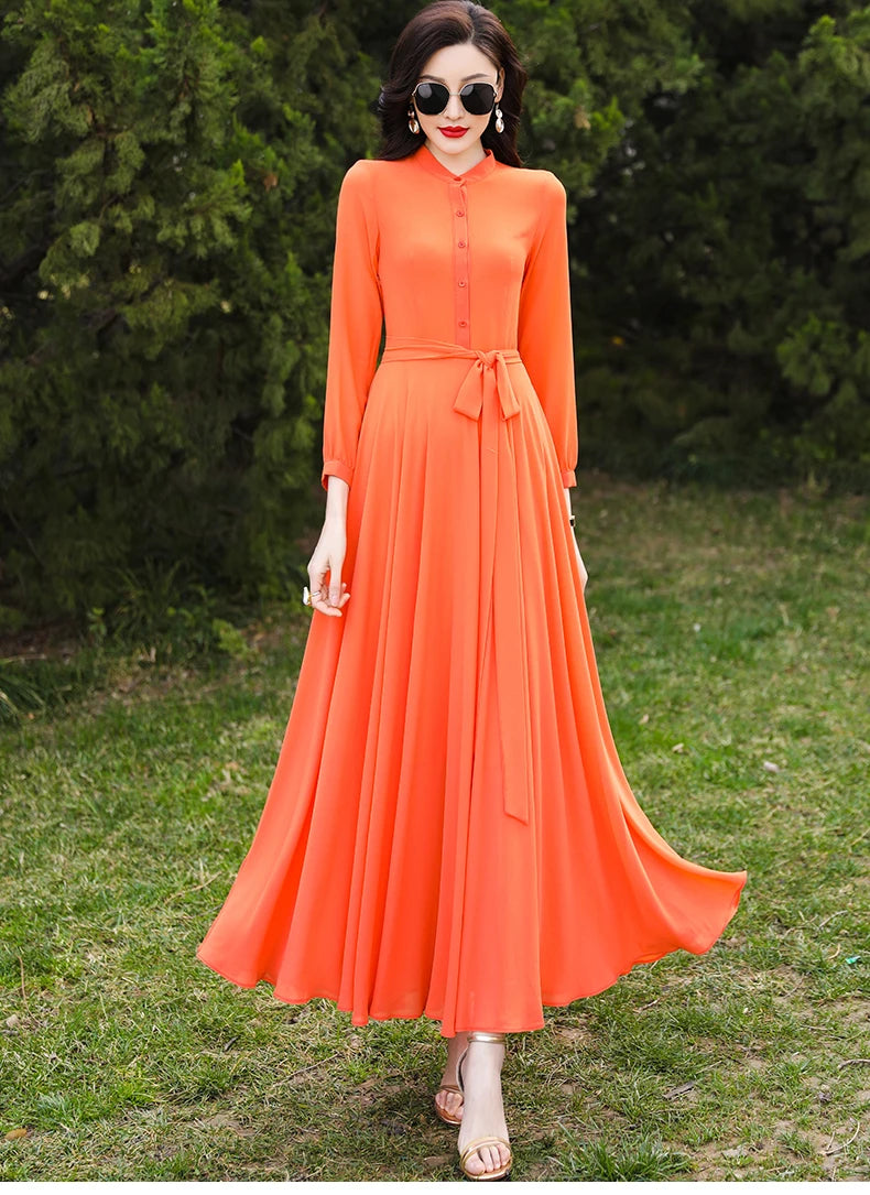 SD30 New High Quality Women's Summer  Orange Long Sleeve Chiffon  Maxi dress with full linning boho dress  dresses  women dress