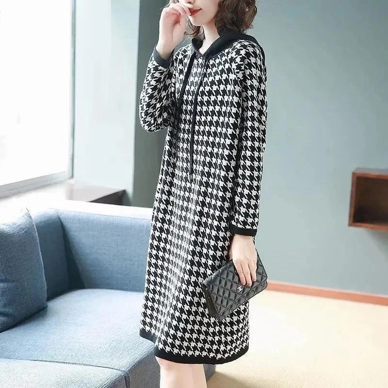 Houndstooth Print Elegant Hooded Dresses for Women Autumn Casual Streetwear Pockets Loose Long Sleeve Midi Dress