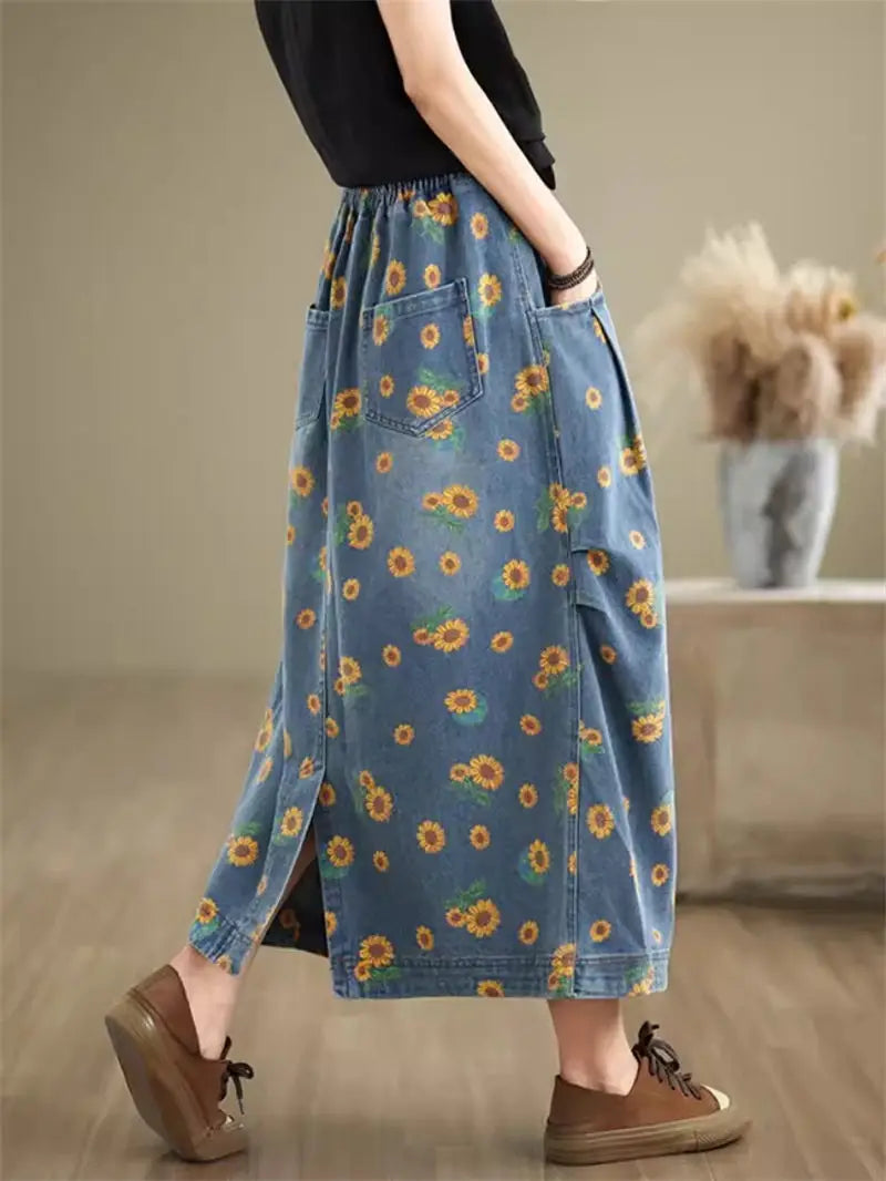 Retro Floral Denim Skirt For Women Autumn 2024 Fashon Printed Elastic Waist Slimming Versatile Bud Skirt Midi Jeans Saias K2229