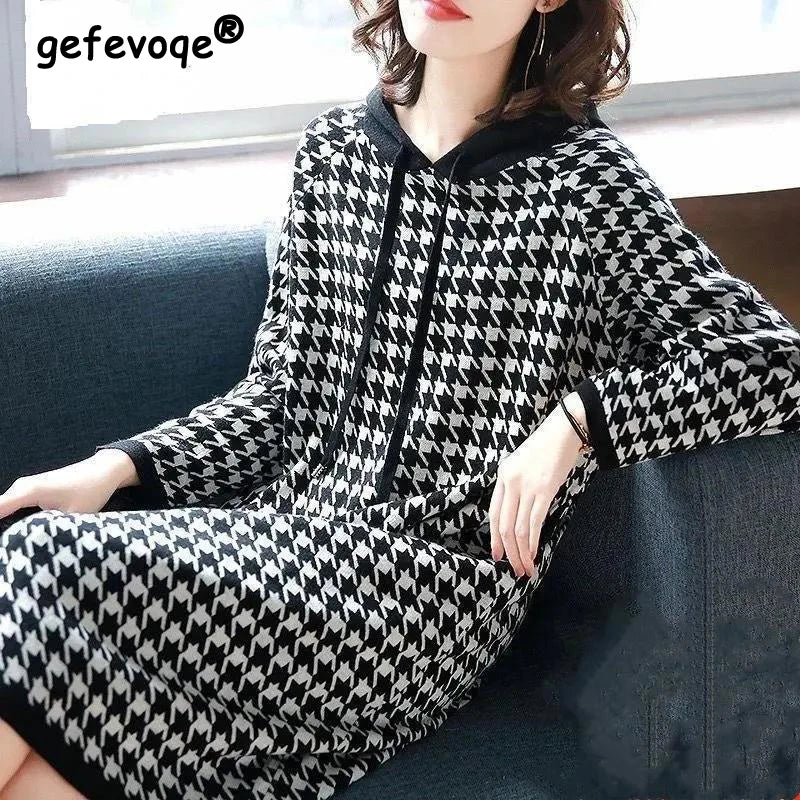 Houndstooth Print Elegant Hooded Dresses for Women Autumn Casual Streetwear Pockets Loose Long Sleeve Midi Dress