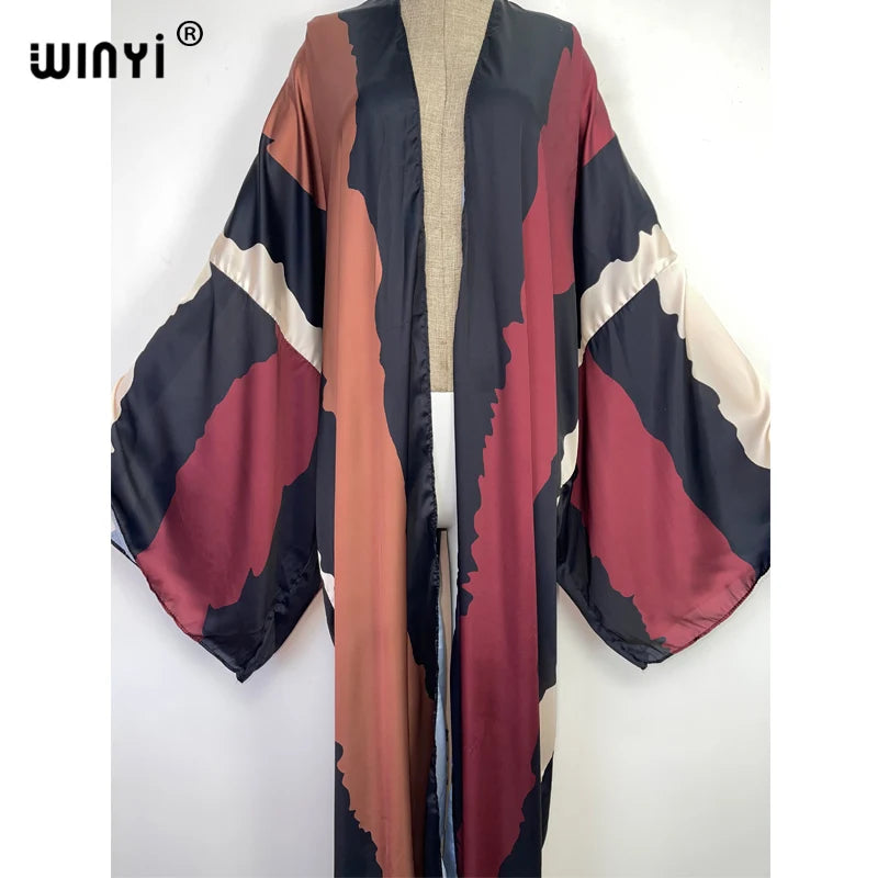 European 2022 WINYI Women Cardigan Loose Long Dress Cocktail Party Boho Maxi beach Holiday Batwing Sleeve kimono Robe dress