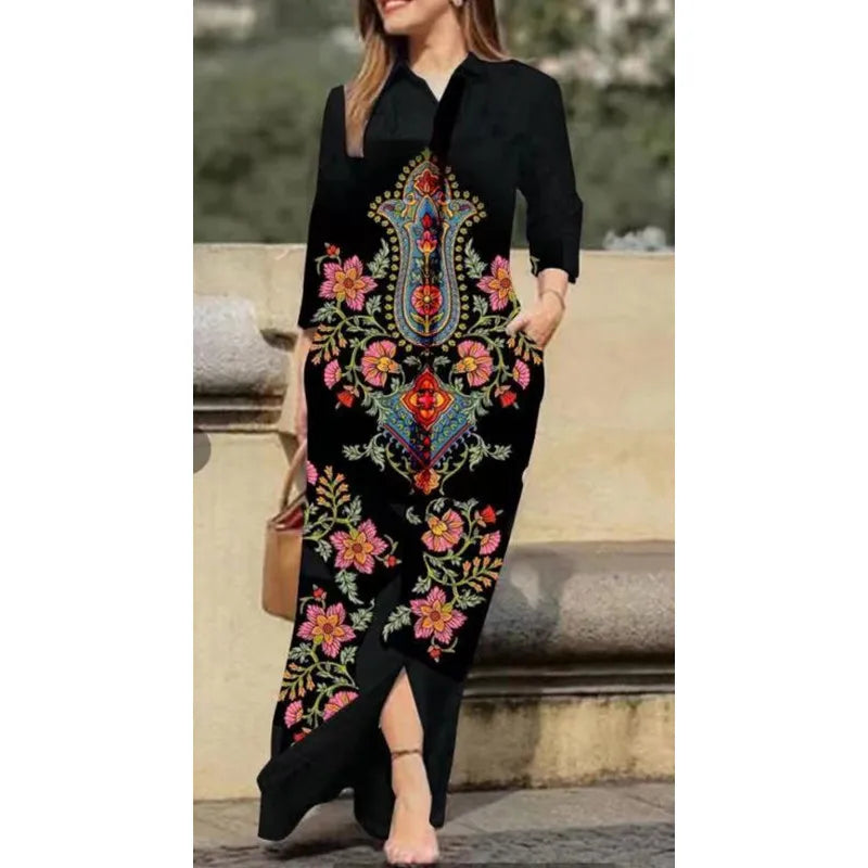 Vintage Flower Print Loose Shirt Dress Autumn Fashion Lapel Collar Button Dress Women Casual Long Sleeve Pocket Maxi Dresses