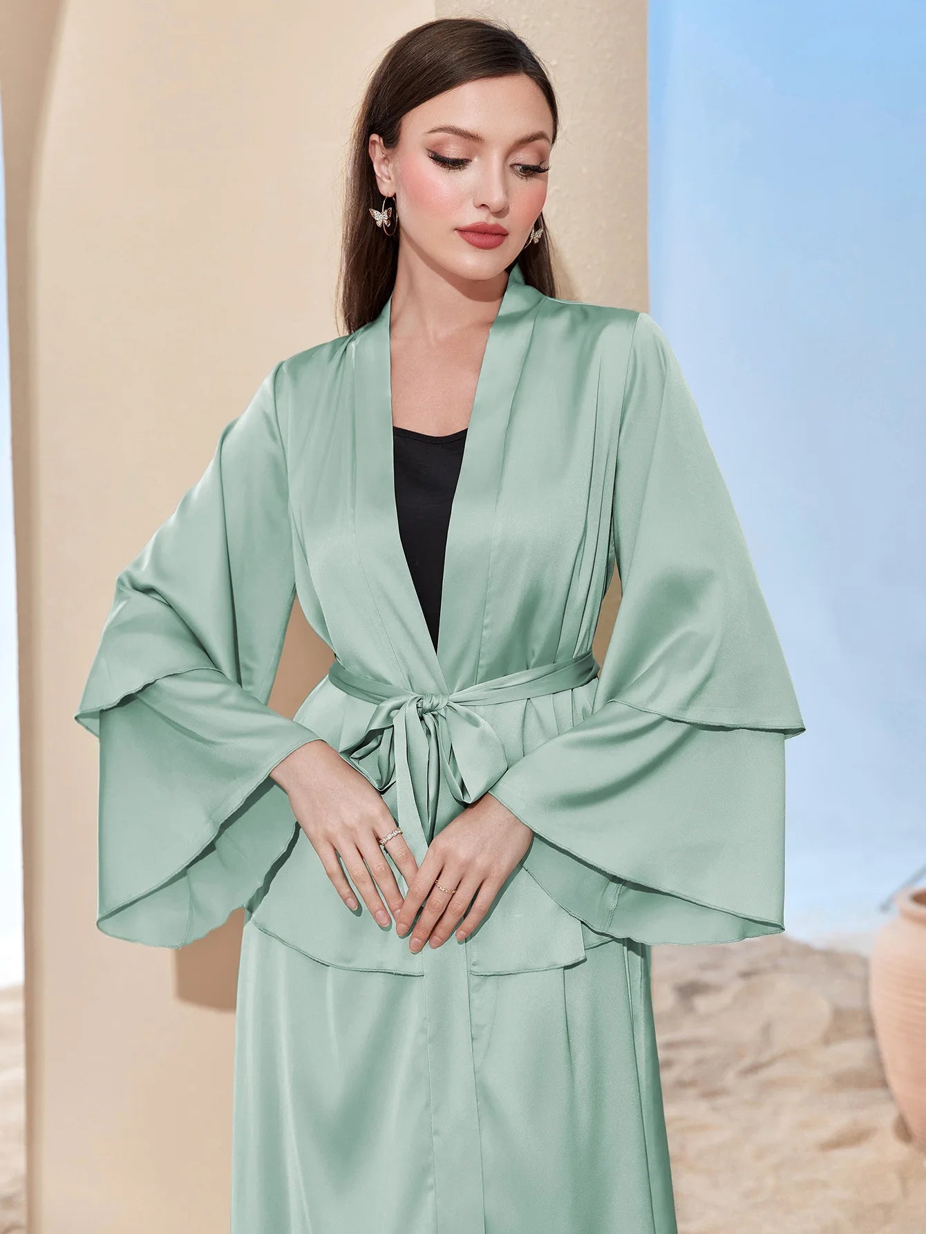 Fashion Patchwork Satin Cardigan Dress Women's Elegant Solid Lace-up Maxi  Dress  Kimono Robe Femme