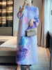 DEAT Pleated Women Dress Print Full Sleeve Elegant Evening Party Round Collar Loose  Medium