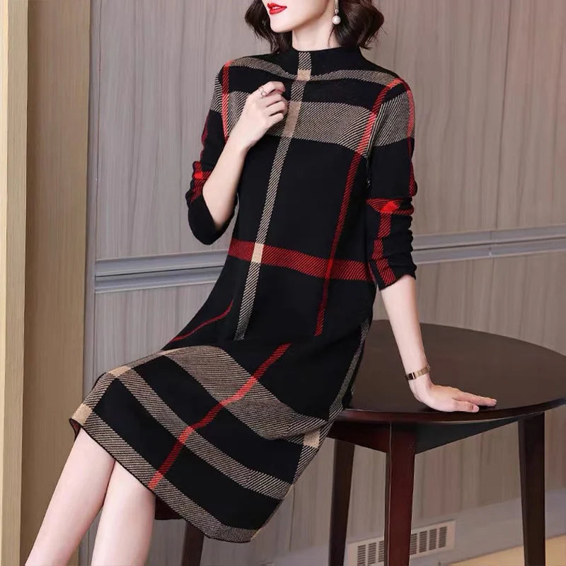 Winter Women's Wool Knitted Dress Striped Half High Collar Vintage Fashion Thick Sweater Style Female Clothing