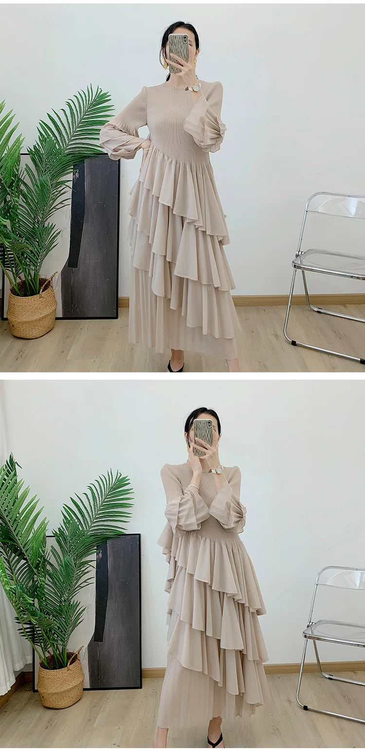 Miyake Spring 2024 Ruffles Pleated Dress Women Long Sleeves Fashion Solid Color High Waist Stitching Dresses Party Clothing New