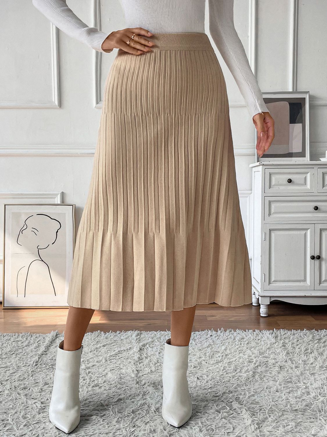 Perfee Pleated Midi Sweater Skirt