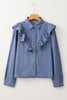 Dusk Blue Denim Button Front Ruffle Decor Long Sleeve Blouse