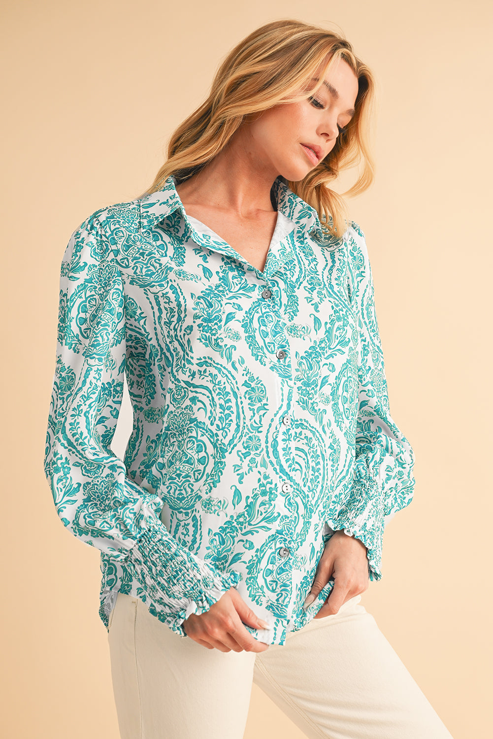 Green Paisley Print Smocked Cuffs Buttoned Loose Shirt