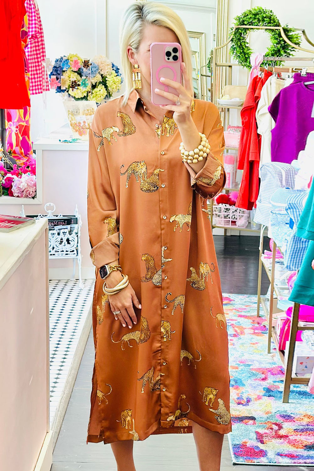 Mustard Cheetah Print Button-Up Split Shirt Dress