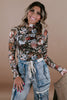 Brown Floral Print Mesh Mock Neck Slim Top