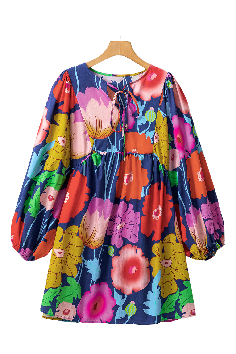 Blue Plus Size Floral V Neck Balloon Sleeve Tunic