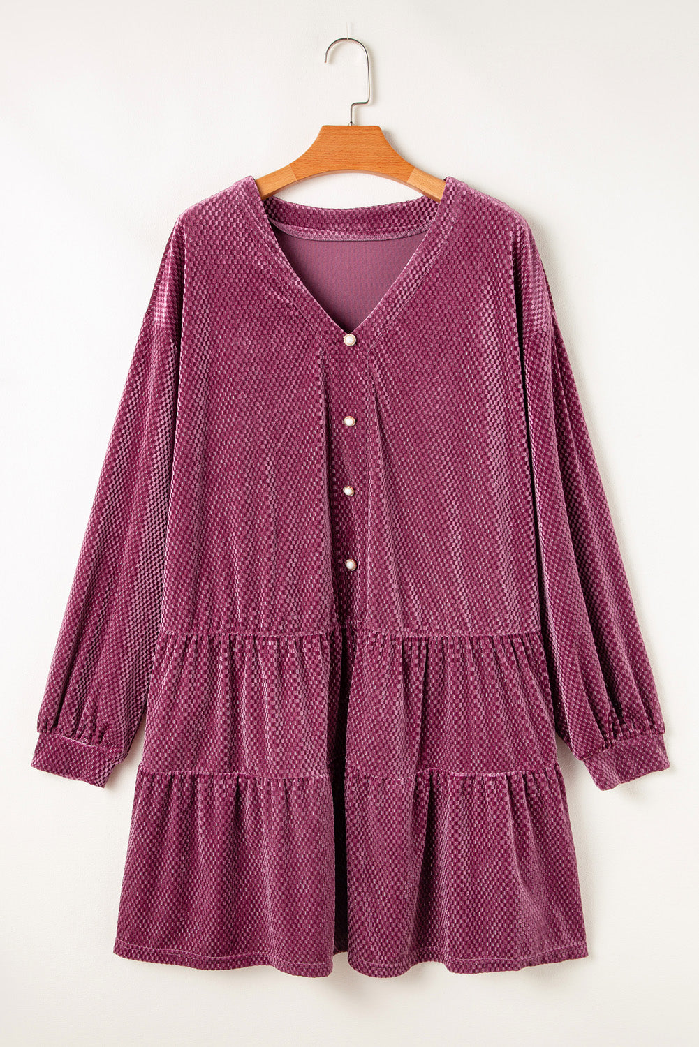 Meadow Mauve Plus Size Textured Velvet Tiered Buttons Tunic Dress