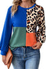 Dark Blue Leopard Print Colorblock Long Sleeve Top