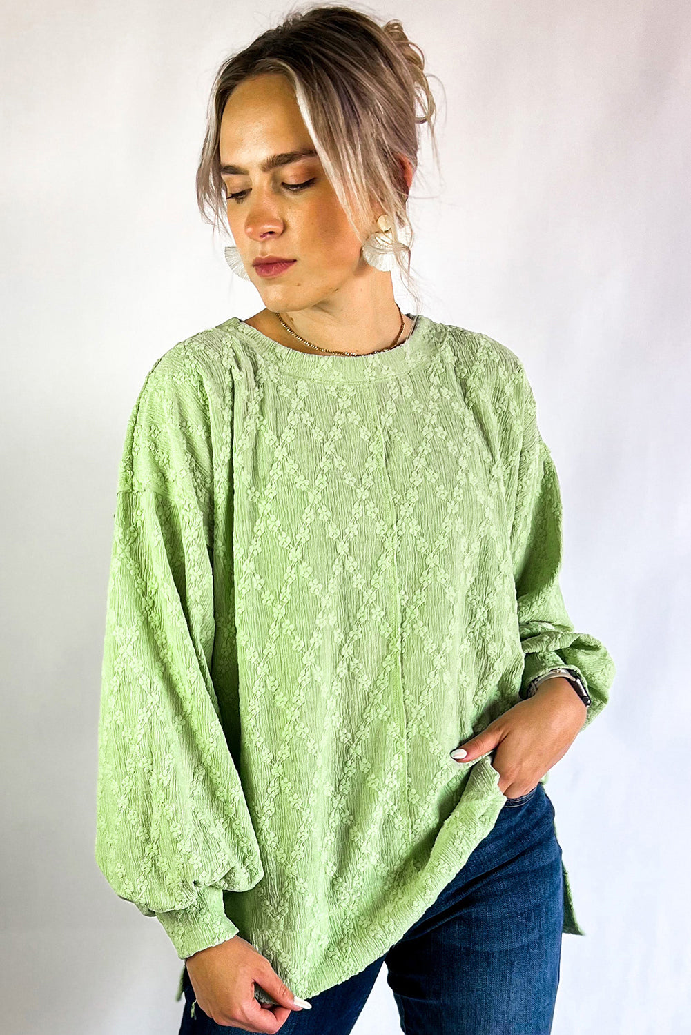 Light Green Textured Side Split Drop Shoulder Sweatshirt