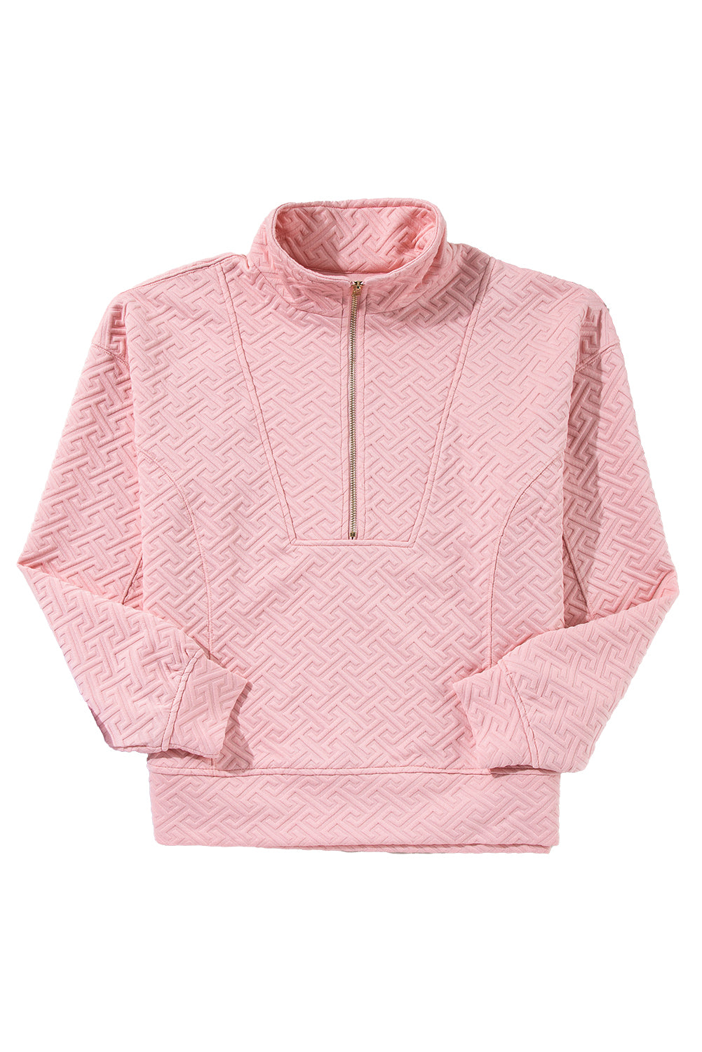 Light Pink Solid Textured Half Zipper Collared Sweatshirt