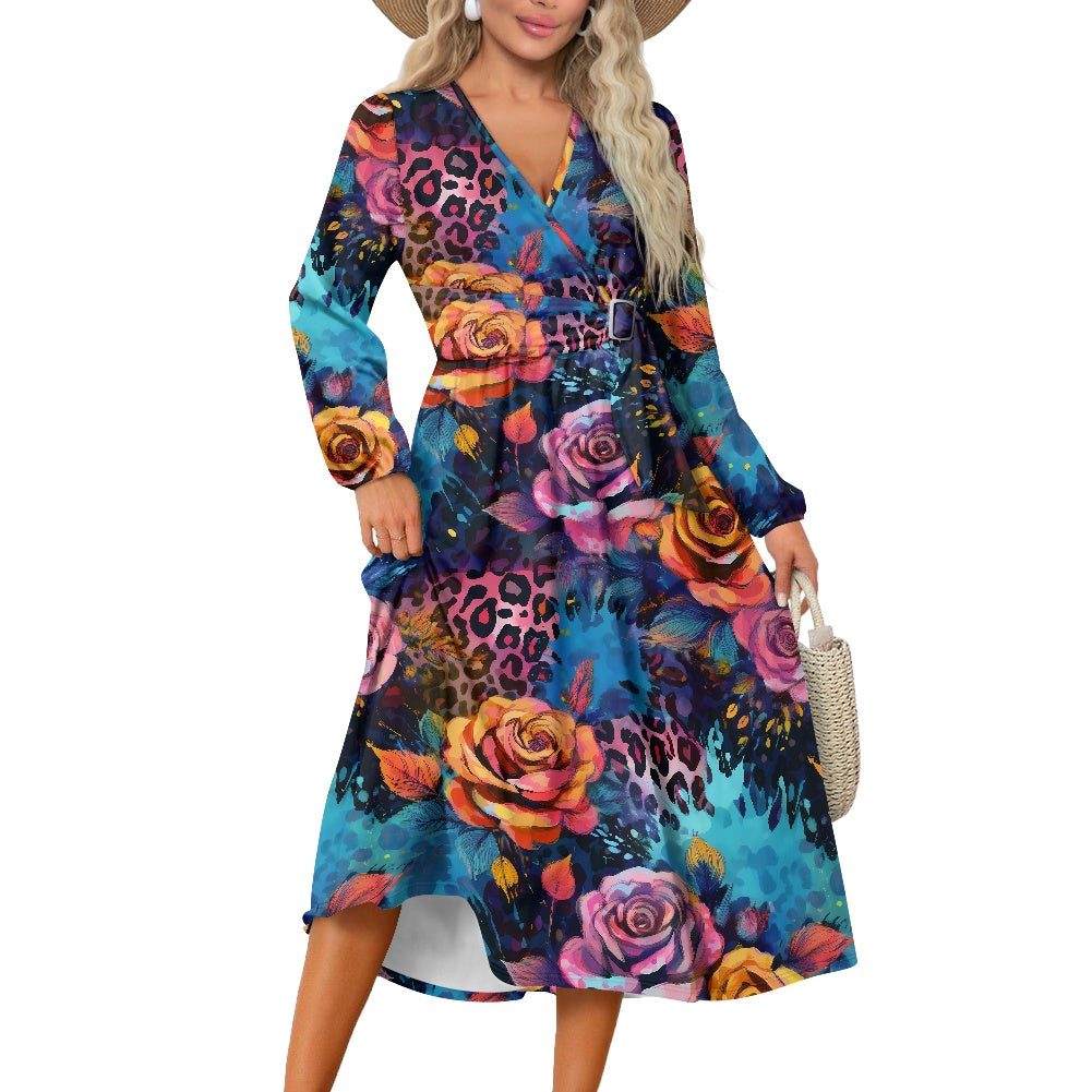 Roses Leopard Waist Long Sleeve Tie Dress