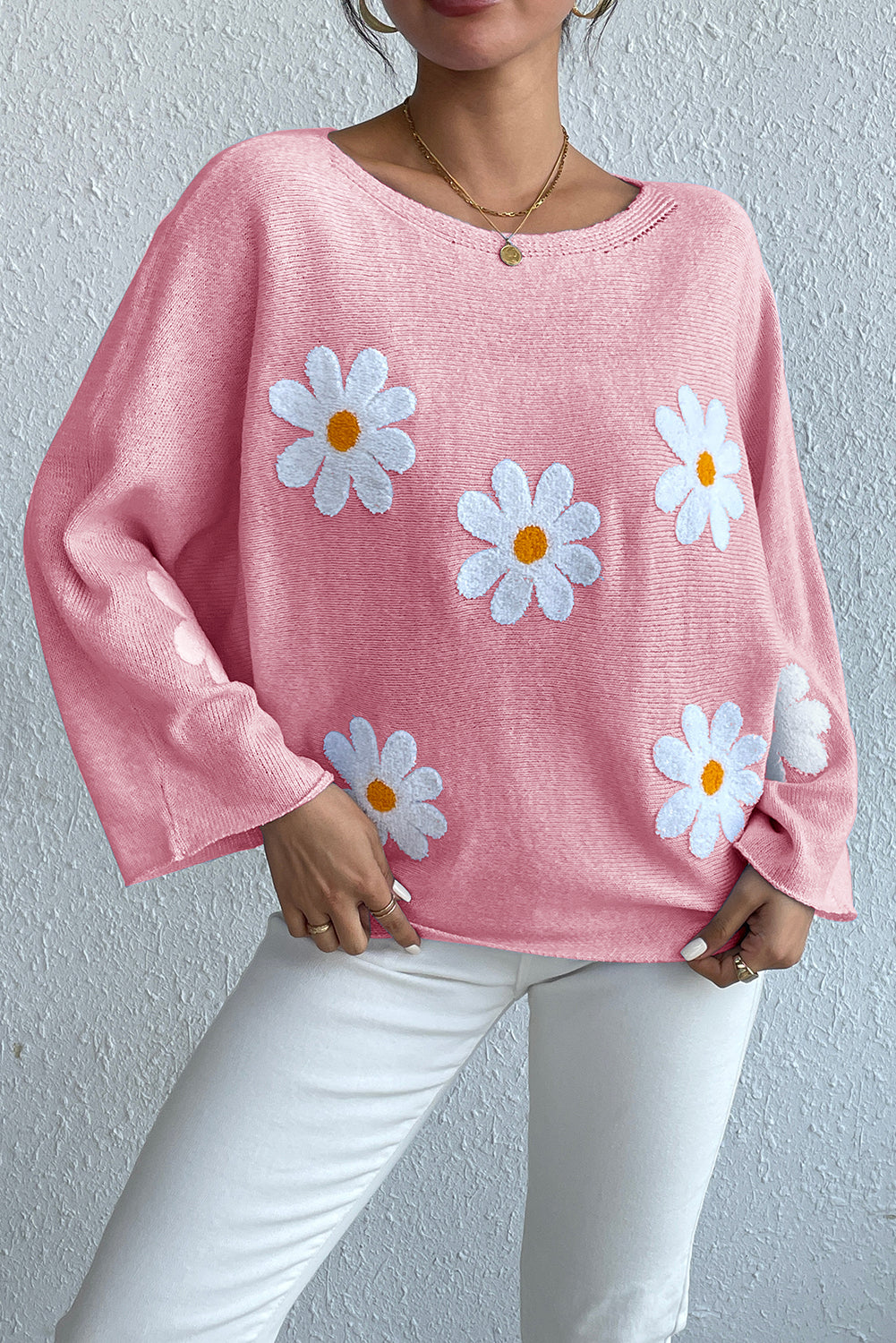 Pink Daisy Embroidered Loose Long Sleeve Knit Top