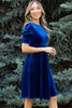 Sail Blue Velvet Ruched Short Sleeve Pocketed Mini Dress