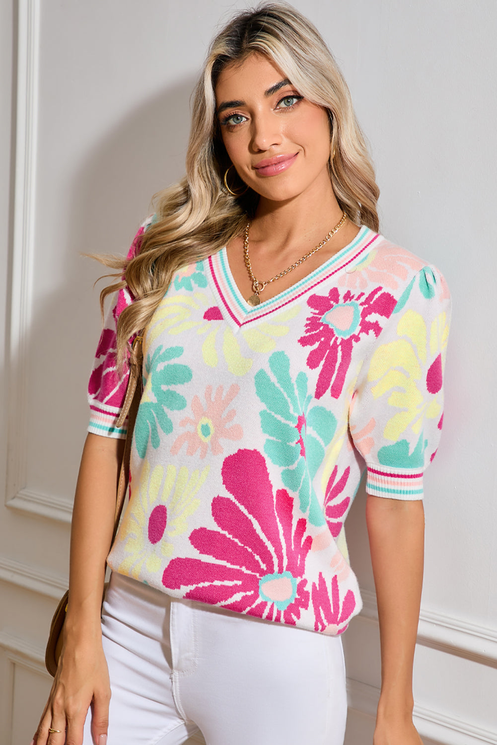 Multicolour Retro Floral Striped V-Neck Knitted Top