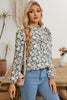 Sky Blue Floral Print Frill Neck Puff Sleeve Blouse