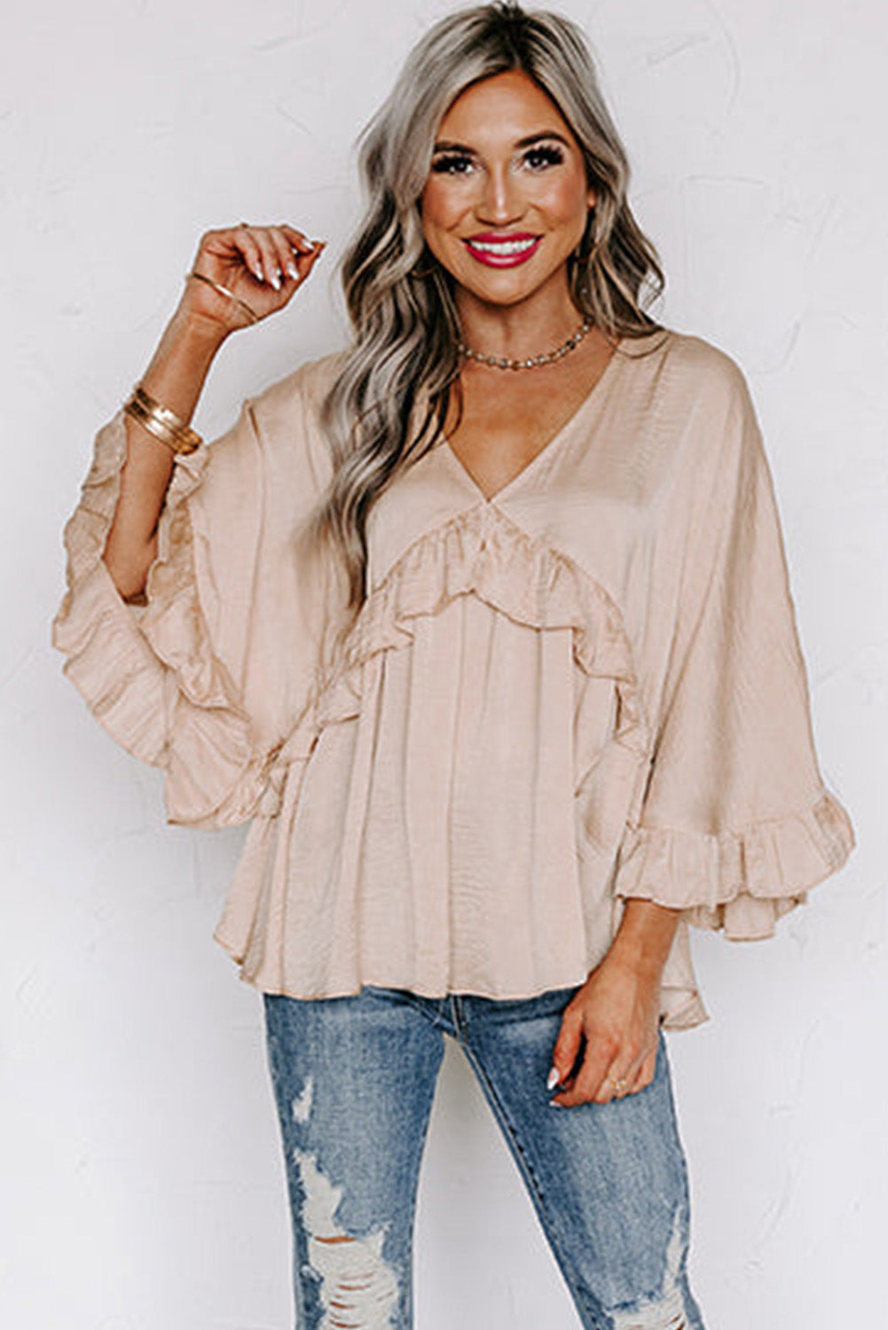 Apricot V Neck Draped Batwing Sleeve Ruffle Top