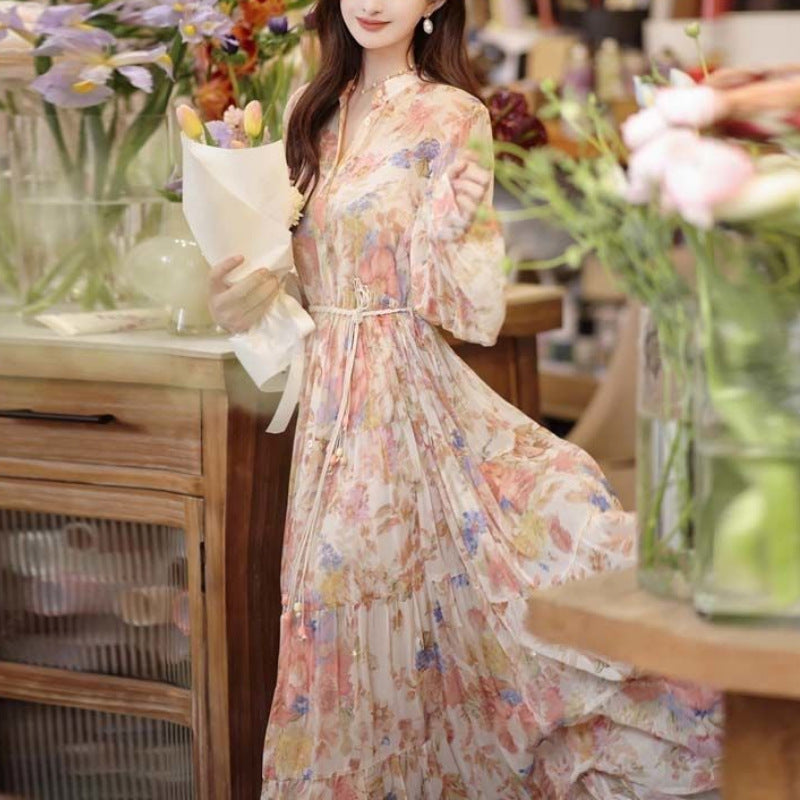 Floral Stand Collar Dress Women's