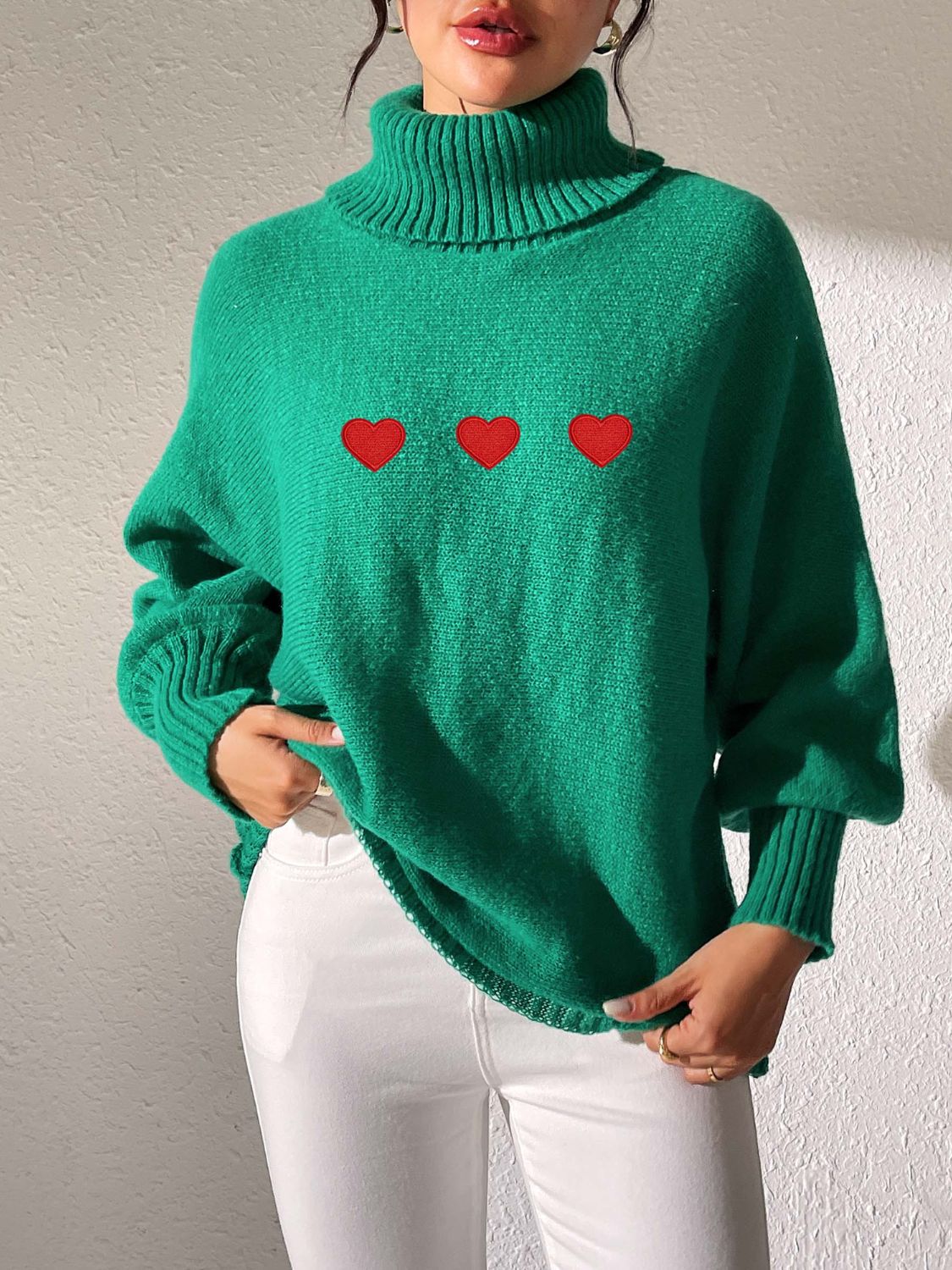 Heart Turtleneck Long Sleeve Sweater