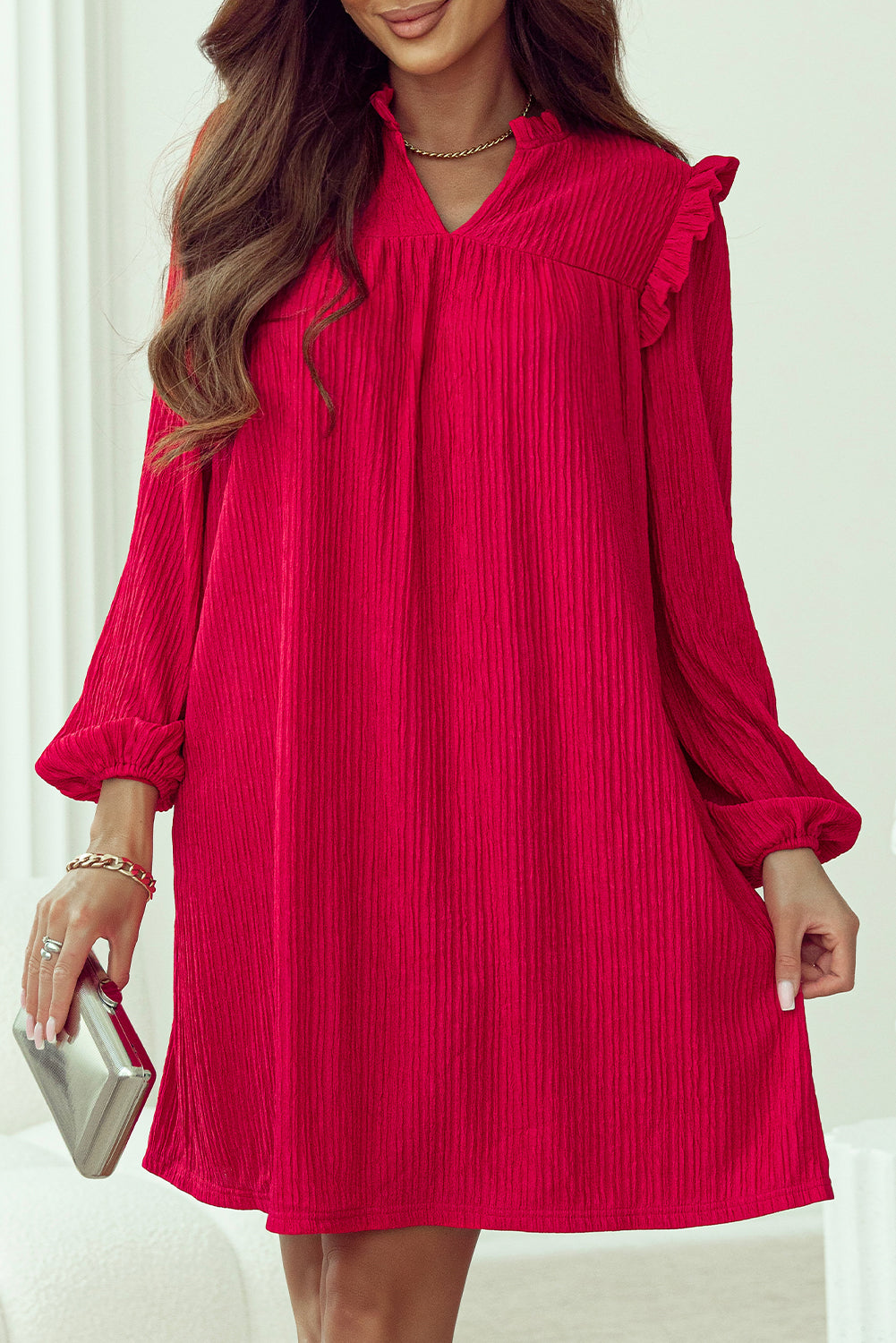 Fiery Red Textured Ruffled Trim V Neck Loose Fit Tunic