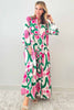 Pink Boho Abstract Button V Neck Oversized Maxi Dress