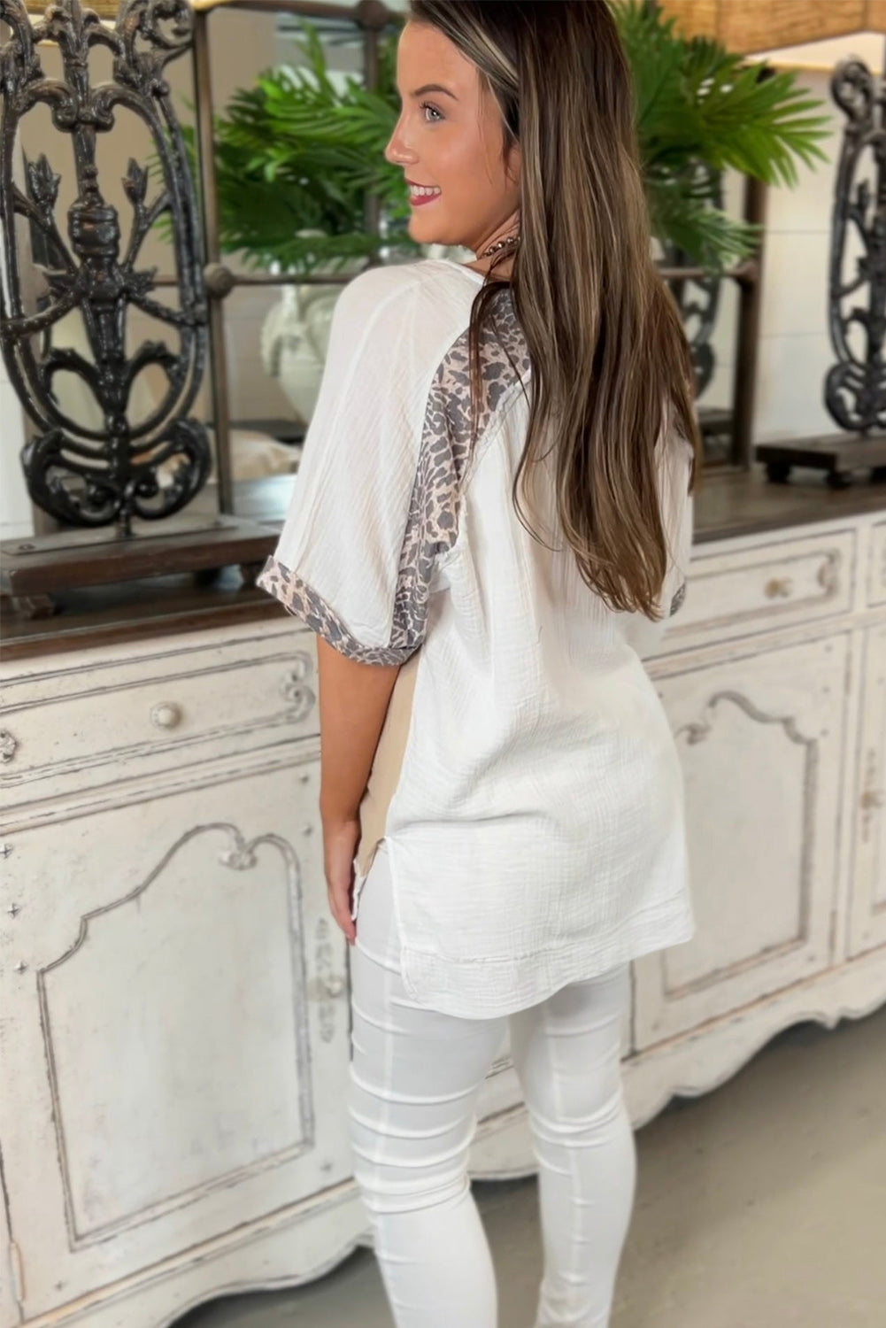 White Distressed Color Patchwork Leopard Trim Blouse