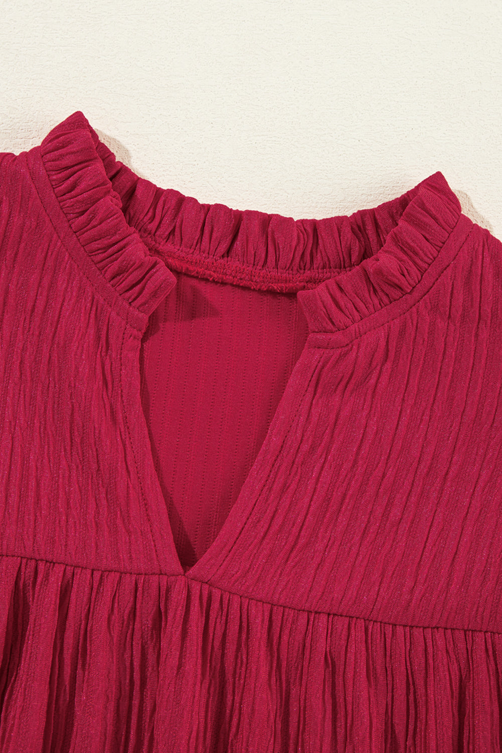 Fiery Red Textured Ruffled Trim V Neck Loose Fit Tunic